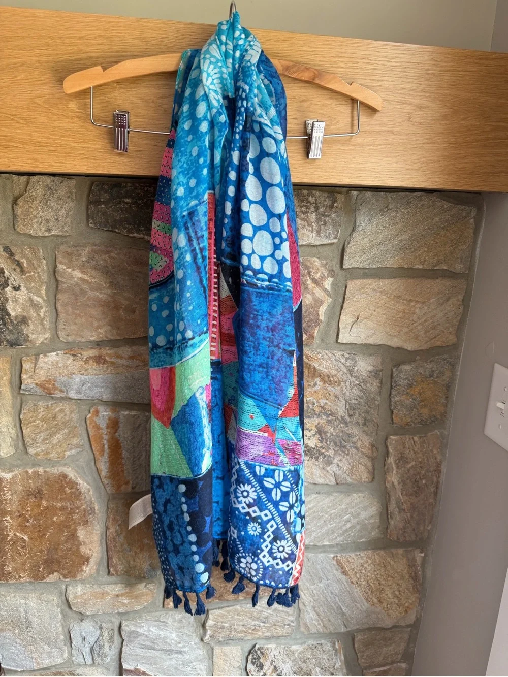 Desigual Blue Patchwork Tassel Scarf | Lightweight Colorful Wrap Shawl